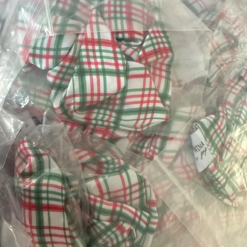 42 TOTAL Red White Green Plaid Satin Hair Scrunchies New Individually Packaged